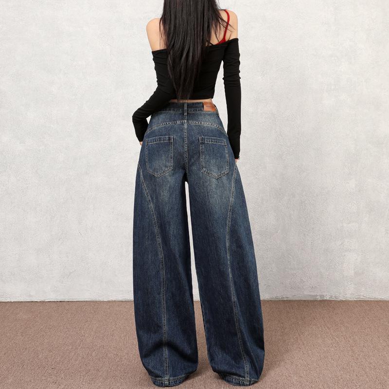 Women's Retro Wide-Leg Cat Scratch Patchwork Jeans - Autumn 2025 Collection
