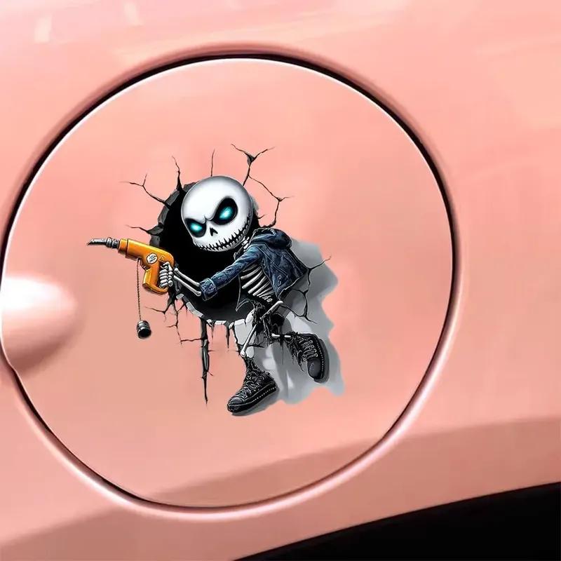 1PC Skull Car Fuel Tank Cap Sticker Funny Crack Skeleton Design Waterproof Vinyl Gas Cap Decal for Auto Decor