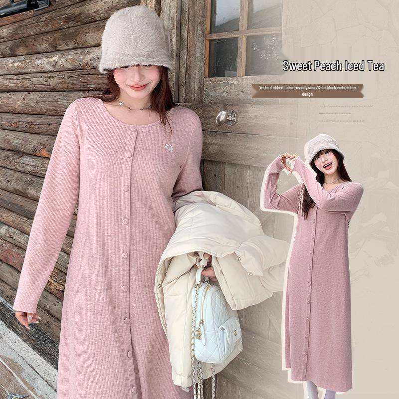 Stylish Plus Size Pink Knitted Dress – Slimming & Elegant Spring Wear (Style 65101)