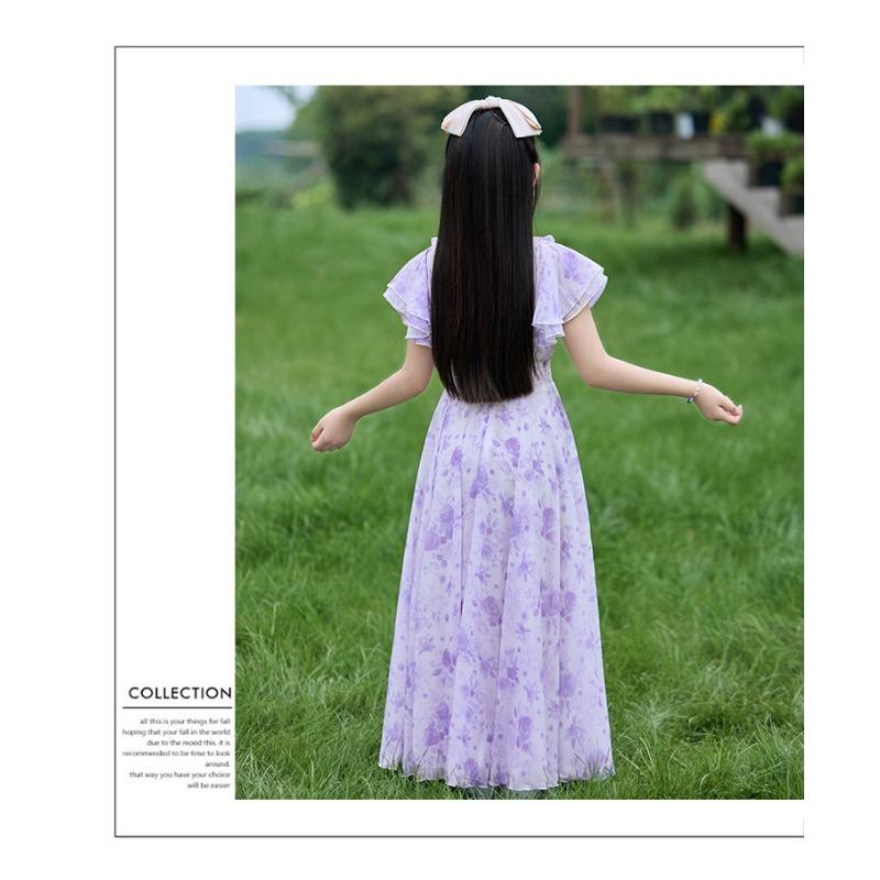 Mädchen Sommerkleid mit Blumenprint, Prinzessinnenstil, kurzärmelig, A-Linie, für größere Kinder