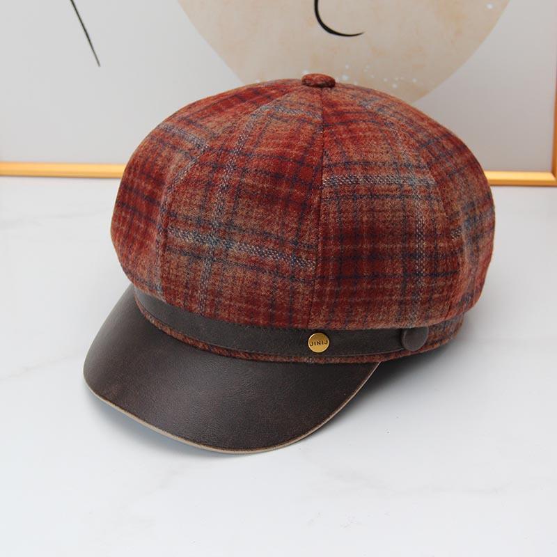 New British plaid octagonal hat children's autumn and winter versatile leather brim shows the face small retro painter hat fashion newsboy hat