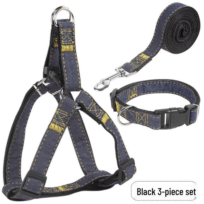 Denim-Stitched Dog Harness and Leash Set with Collar