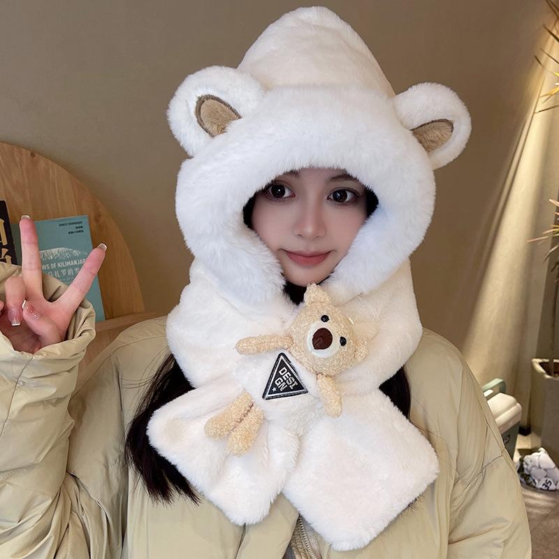 Doll bear hat scarf integrated schoolgirl cute warm winter plush scarf cover ear protection