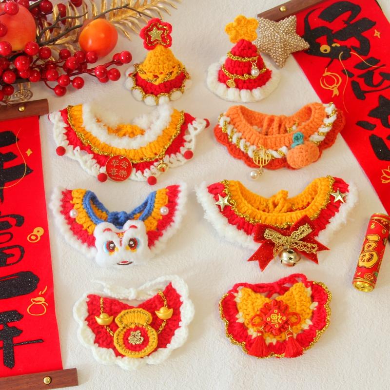 New Year Cat Collar Pet Cat Dog Scarfs Crocheted Kitten Puppy Collar Spring Festival Cat Cosplay Costume Pet Accessiories