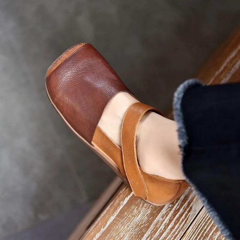 Johnature Sandali retrò in vera pelle per scarpe piatte con suola morbida e punta quadrata in colori misti da donna