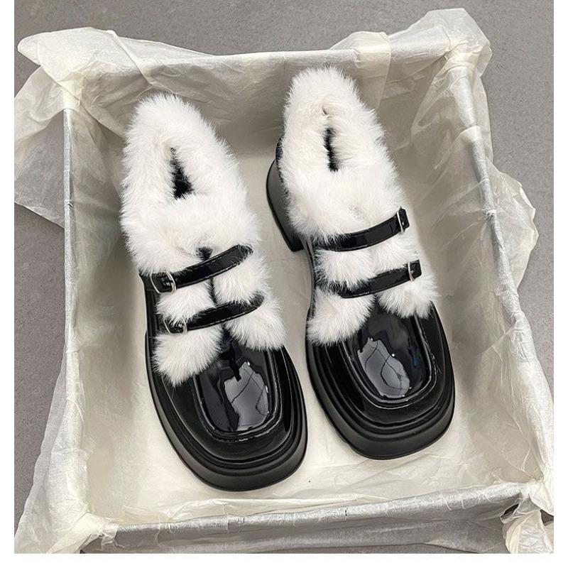 Little Leather Shoes for Women2025 New Winter Fashion Fleece Warm French High-heeled Women's Shoes,Thick-soled Loafers for Women