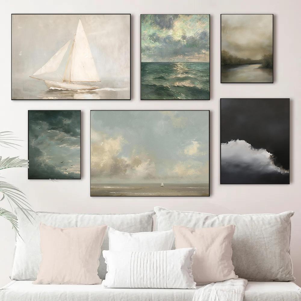 Vintage Cloud Landscape Art Posters Moody Sky Forest Plants Modern Prints Canvas Painting Wall Pictures Home Living Room Decor