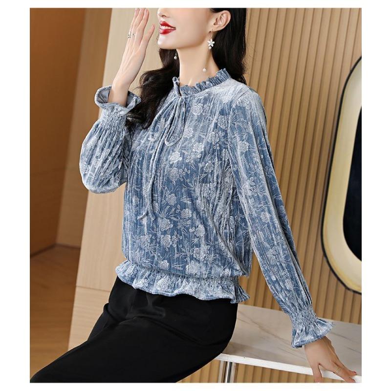 New Chinese Velvet Bottoming for Women Long Sleeves In Autumn New Simple Lace Splicing Trendy T-shirt Top