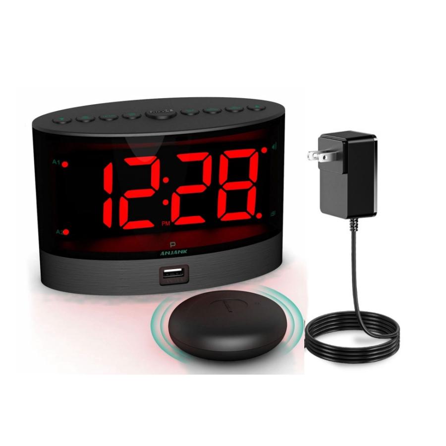 

Громкий будильник для крепко спящих людей с беспроводным вибратором для кровати, вибрирующий для глухих и слабослышащих, двойной будильник, зарядное устройство USB