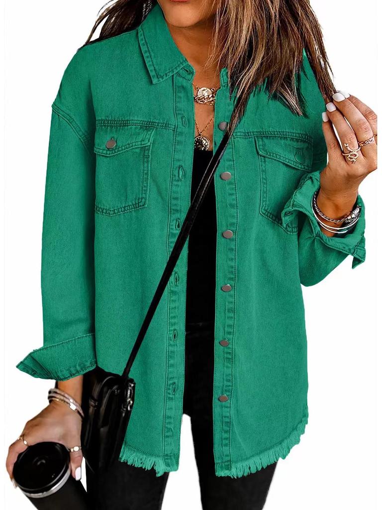 Women's Cross-Border Washed Denim Shirt Jacket - European & American Autumn/Winter Street Style with Frayed Hem
