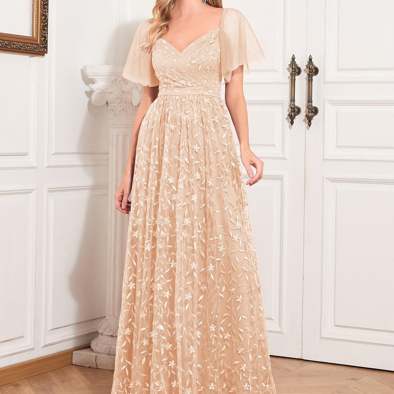 

GMXIA Элегантное прозрачное вечернее платье с короткими рукавами, V-образным вырезом и U-образной спинкой, А-силуэт, свободное платье с вышивкой и сетчатой подкладкой XL