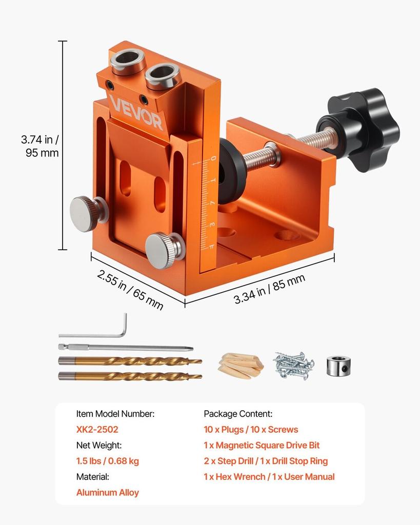 Pocket Hole Jig Kit, 12 Mm To 48 Mm Adjustable, Jig Pocket Hole System with Step Drill, Hex Wrench, Drill Stop Ring, Square Drive Bit, Plugs and