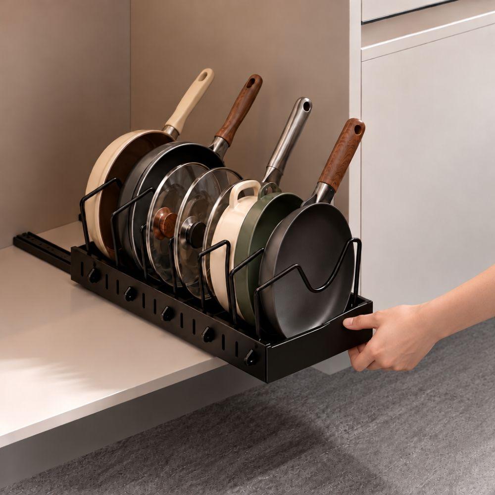 Expandable Pull Out Organizer Carbon Steel Cabinet Storage Pots and Pans Organizer Under Cabinet