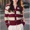 Burgundy striped knitted cardigan sweater women's autumn and winter new coat soft waxy knitted top