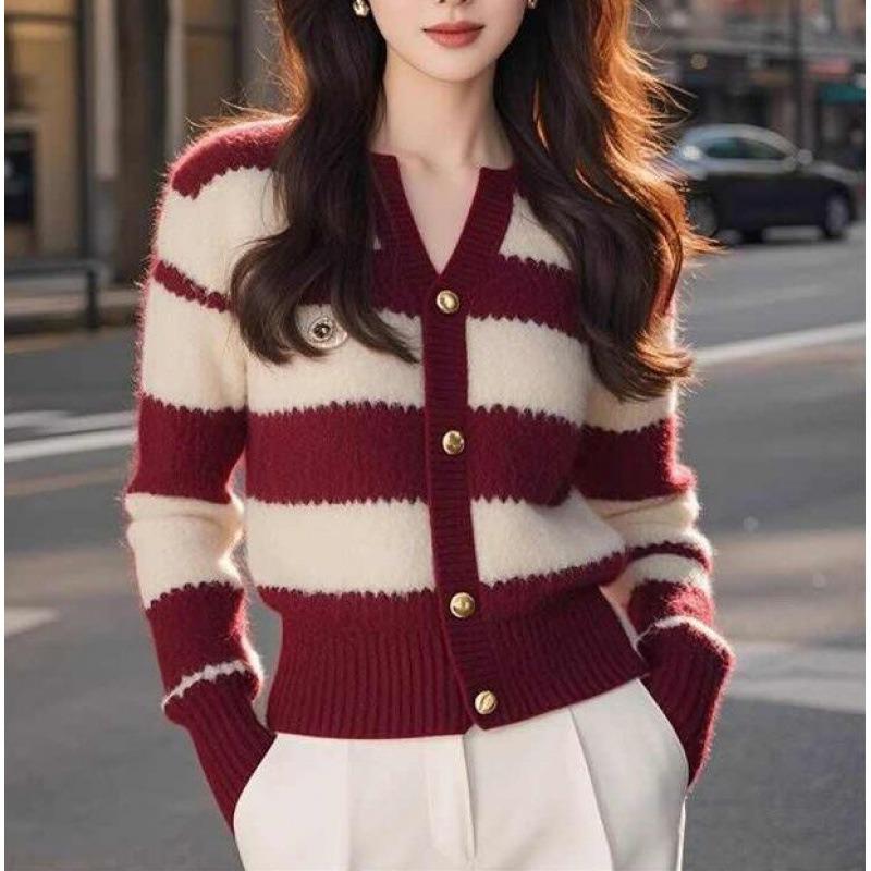 Burgundy striped knitted cardigan sweater women's autumn and winter new coat soft waxy knitted top