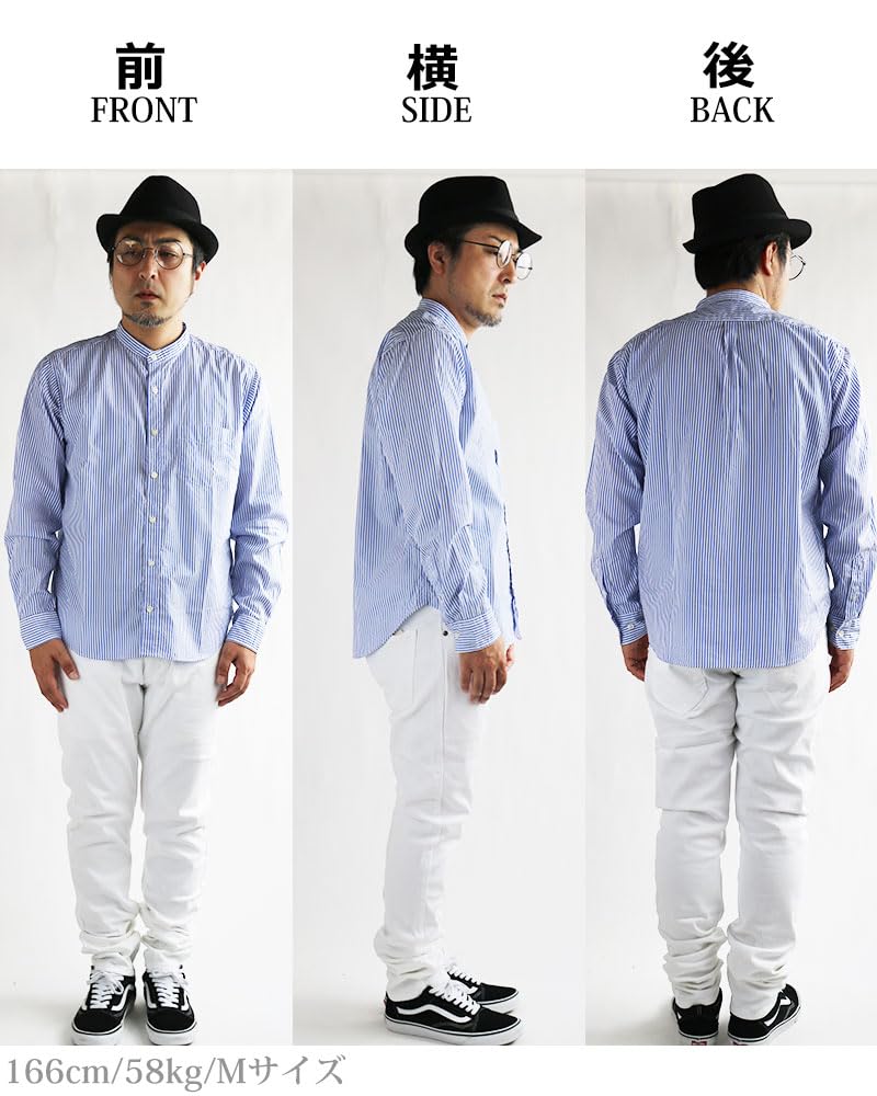 Quintet VINTAGE EL Band Collar Striped Stand Long Made in Size Men's Shirt, Collar, Sleeve, Japan, L, Navy, 11-70192 (Size 3-2)