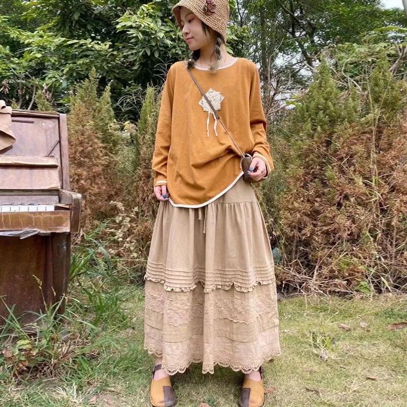 Johnature Casual Patchwork Lace Women T-Shirts Spring Japanese All Match O-neck Pulloer Female T-Shirts