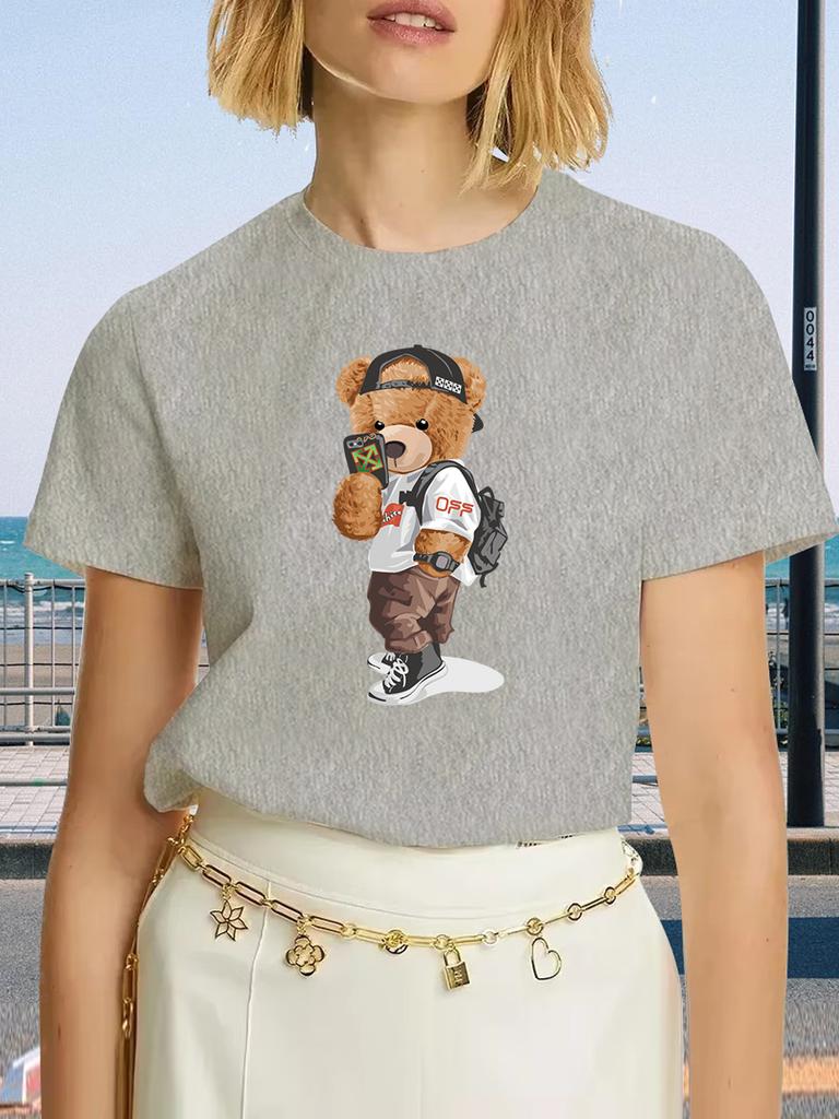 Luxury Brand Fashion Black Selfie Bear Printed Crew Neck Clothing Short Sleeve T-Shirt Trend Women's Summer Y2K Top