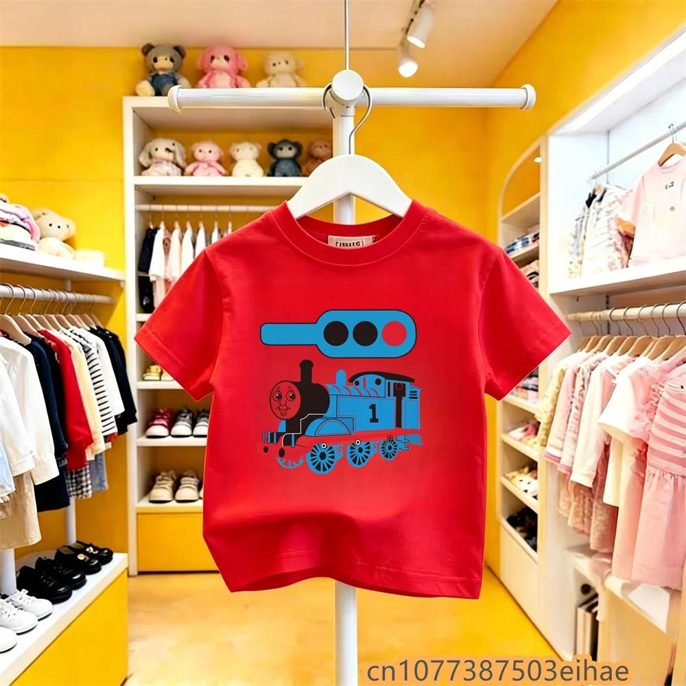 Summer Outdoor Tshirt Toddler Kids Thomas Train Cartoon Print Pure Cotton Short Sleeve Y2K Cute Fun Trendy Apparel
