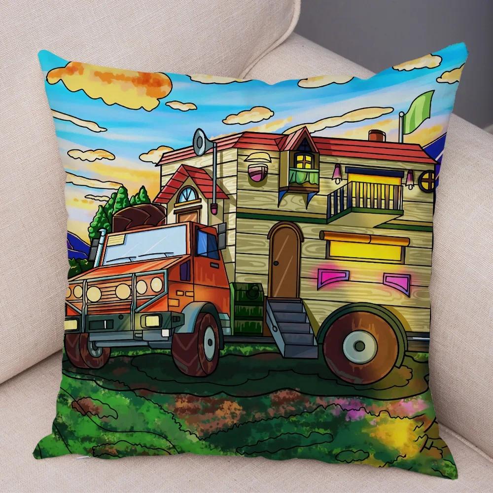 Pillowcase Happy Camper Cartoon House Travel Car Cushion Cover Sofa Home Super Soft