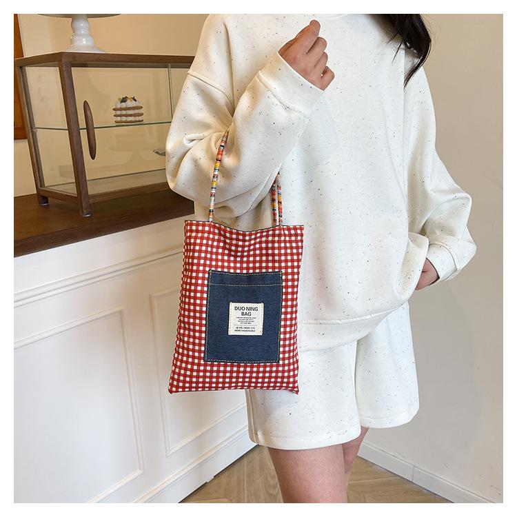 American Style Gingham Checkered Tote Bag Large Capacity Polyester Shoulder Handbag CLE