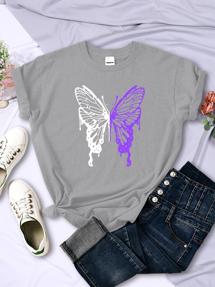 White And Purple Butterflies Personality Funny Print T-Shirt Women Summer Breathable Short Sleeve Soft Comfortable T Shirt Tees
