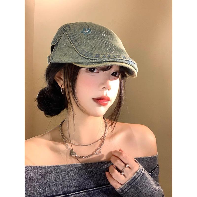 25 Early autumn new pentagram rhinestone denim forward hat big head circumference showing face small beret