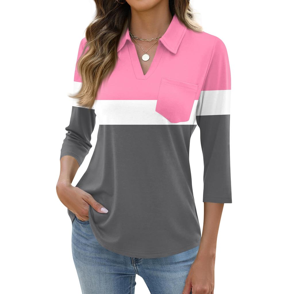 Damen Mode Lässig Revers Kurz 3/4 Ärmel Print Hemd Damen Oberteile