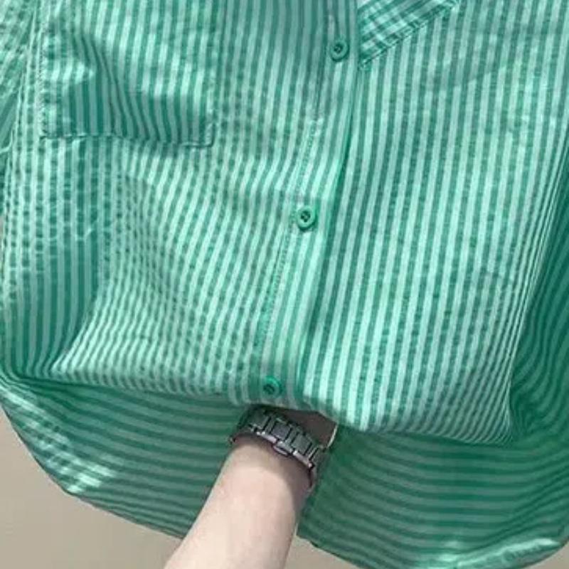 2024 Summer Women's Leisure Fashion Elegant Commuting Spliced Asymmetric Pullover Stripe Off Shoulder Chiffon Short Sleeved Shirt