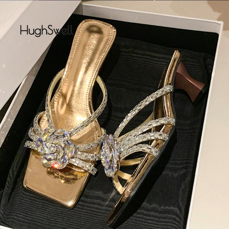Fashion Luxury Crystal Flower Heeled Sandals Woman Brand Design High Heel Rhinestone Strap Mule Slide Ladies Bling Square Toe Party Shoe