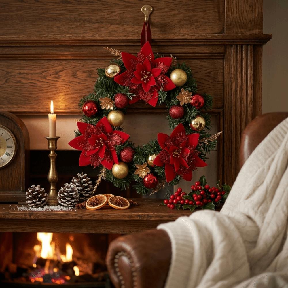 Elegant Christmas Wreath Red Flower Evergreen Pine Wreath Door Wall Decor Poinsettia Wreath Party