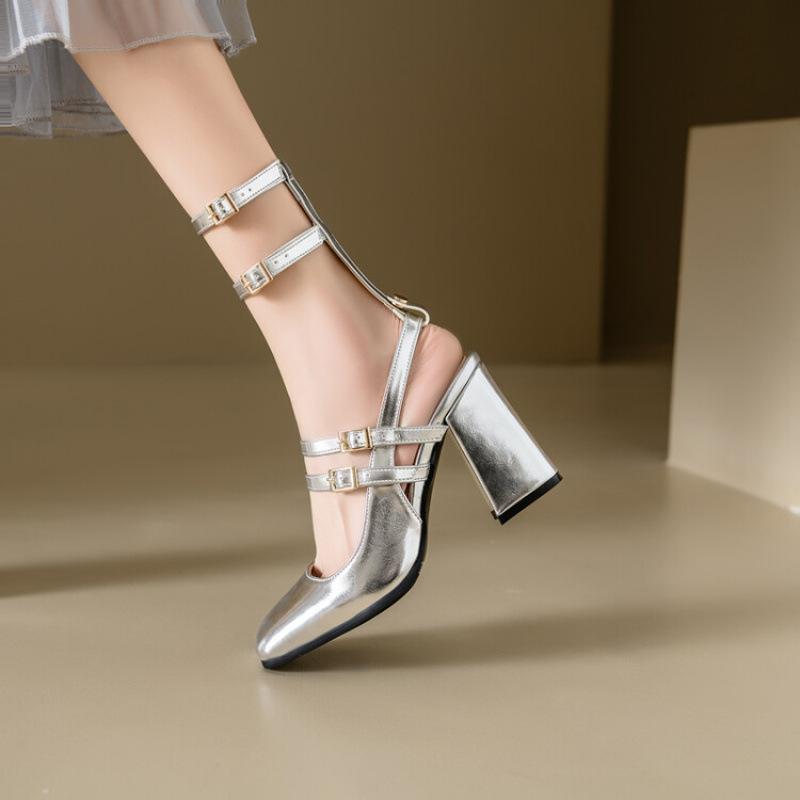 Summer Square Head Rear Empty High-heeled Sandals New Women's Roman Sandals Casual Patent Leather Large Size Shoes Waterproof Table Heel
