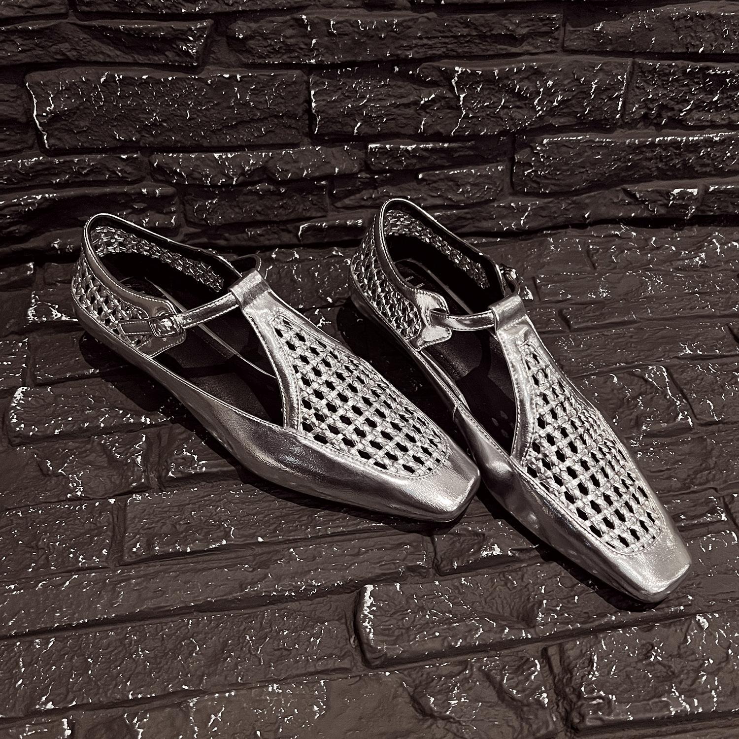 

Soft! Square head woven T-strap small leather shoes retro genuine leather Mary Jane shoes women s 2025 new shallow hollow single shoes 39 серебряный