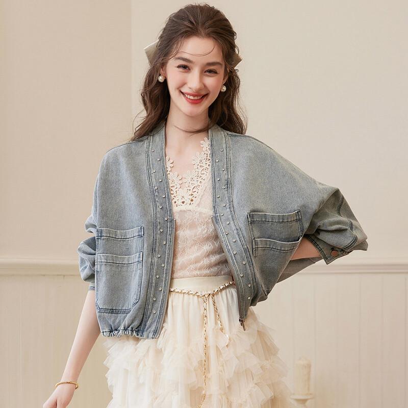 Bailuyu Spring Fashion Beaded Loose Denim Jacket L