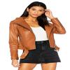NOORA Braune Leder-Bikerjacke für Damen mit Reißverschluss und Tasche | Jacke mit Gürtel | Ärmel mit Reißverschluss |