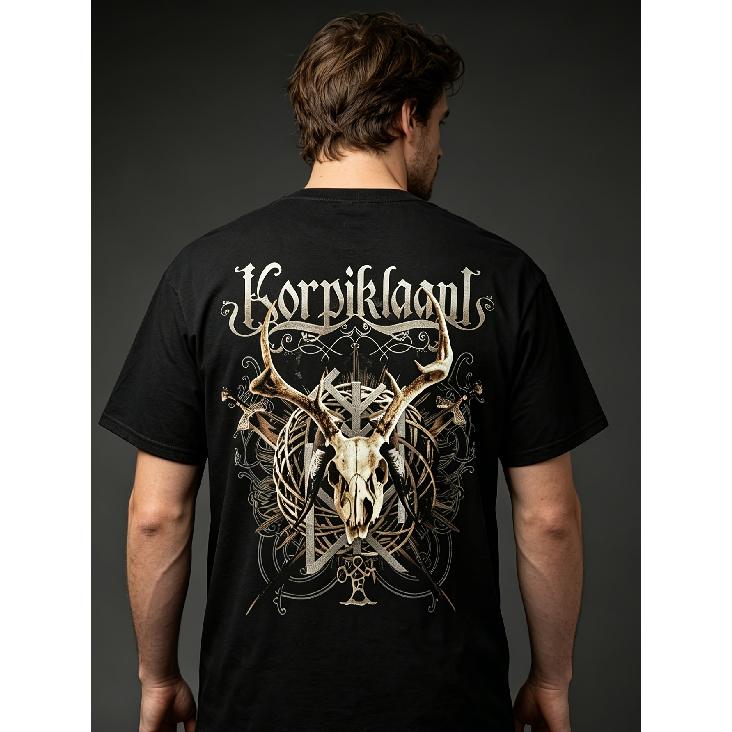 Korpiklaani-inspired Men's Black T-Shirt Stag Skull Viking Symbolism Outdoor Leisure Wear, Breathable T-shirt.