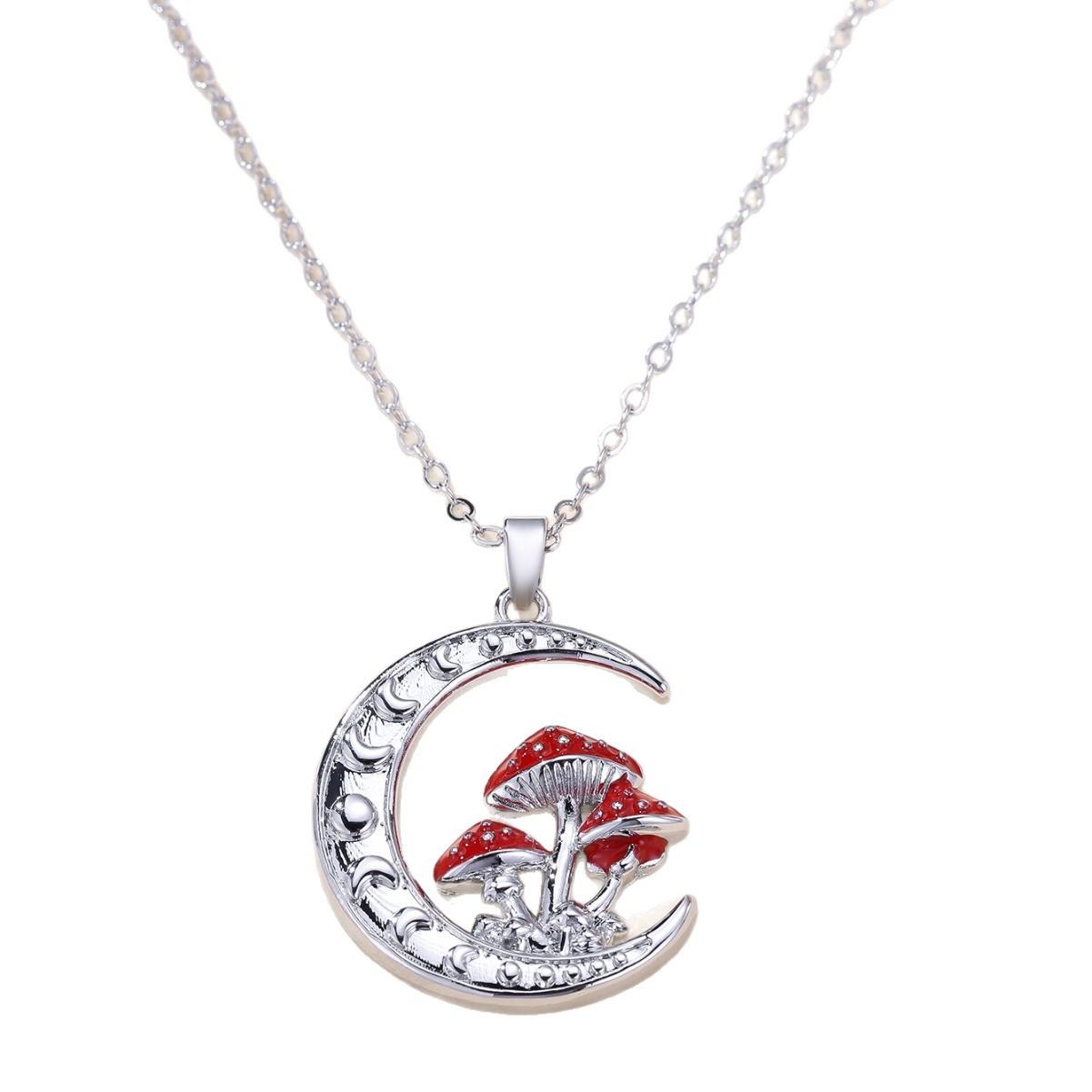 

Sterling Silver Crescent Moon Pendant Necklace with Mushroom Design Adjustable Chain Length for Everyday Wear and Gift Giving one size