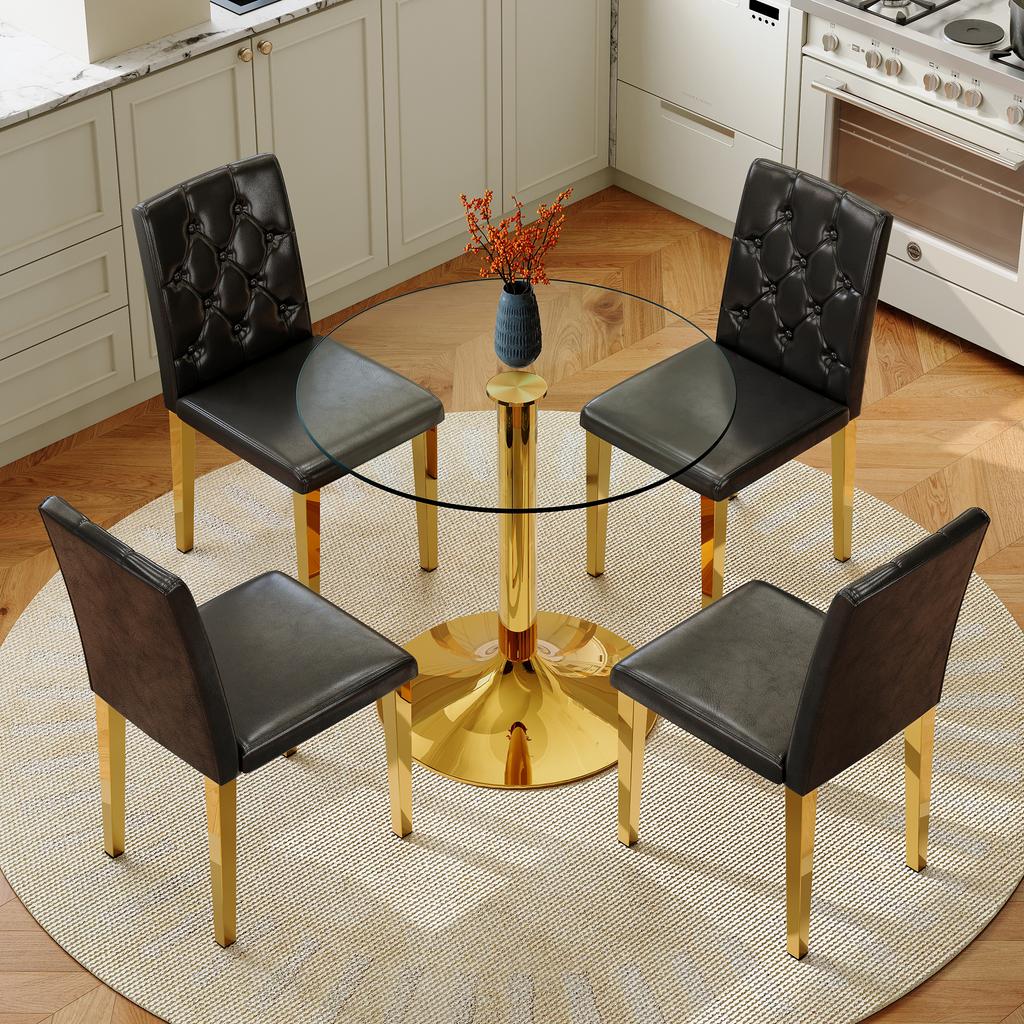 Table and Chair Collection: 85 Cm Diameter, Modern Minimalist Round Glass Table with Golden Metal Support, Matching 4 Black-Gold Modern Dining Chairs.
