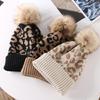 Leopard-print Knitted Wool Cap for W/Pompon Women Beanie Outdoor Casual Winter H