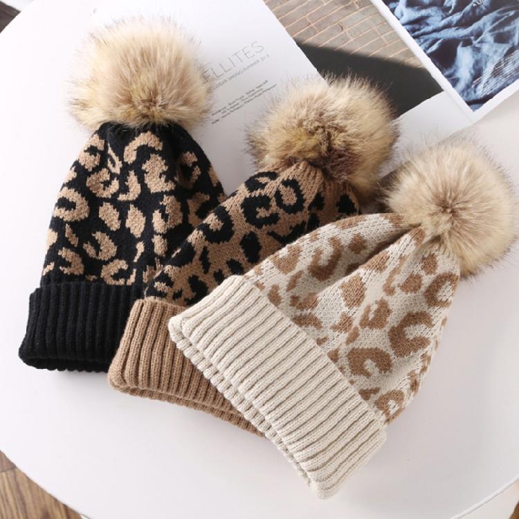 Leopard-print Knitted Wool Cap for W/Pompon Women Beanie Outdoor Casual Winter H