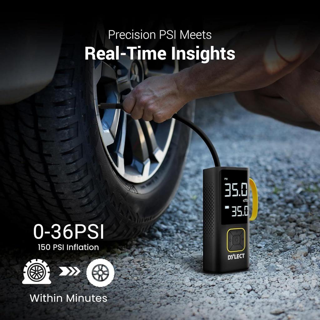 Dekkpumpe for bil og sykkel| Hjemmebruk| Fungerer både på DC-port og batteri| Type-C-lading| 6000mAh BIS-sertifisert| Supersnabb oppblåsing| 5 fyllmoduser