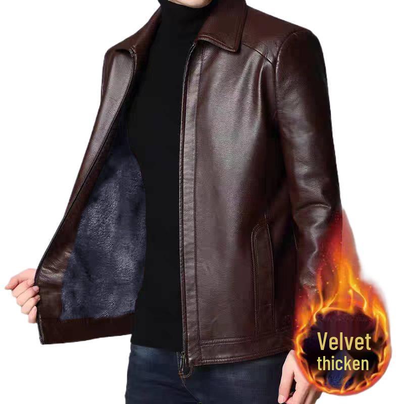 Men's Leather Jacket for Mid-Aged & Elderly: Fleece-Lined, Thickened, Windproof, Detachable Fur Collar, Winter Warmth for Dad.