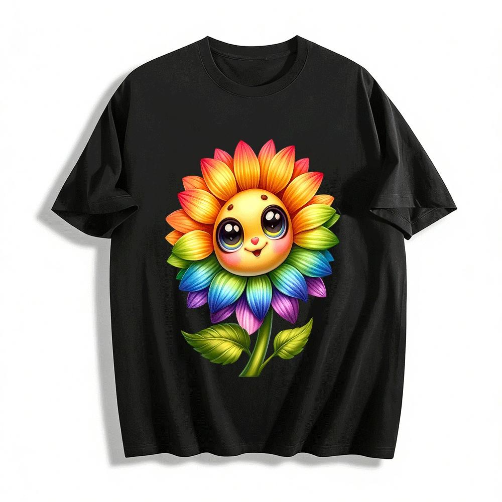 Cute Gradient Rainbow Sunflower Print Casual Loose T-Shirt Pure cotton T-shirt XXS