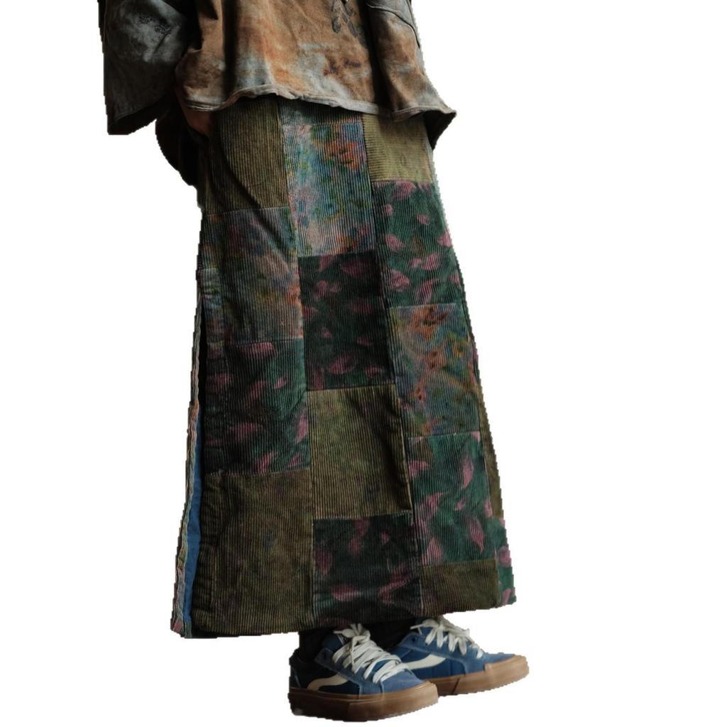 Luo Gu Ni Retro Artistic Corduroy Patchwork Skirt - Green