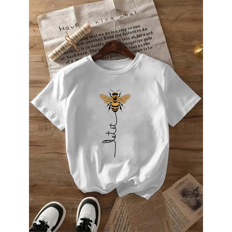 Bee Pattern Printed Tshirt for Summer Women Round Neck Short Sleeved Fashionable Casual Fashion Summer Women Clothing S