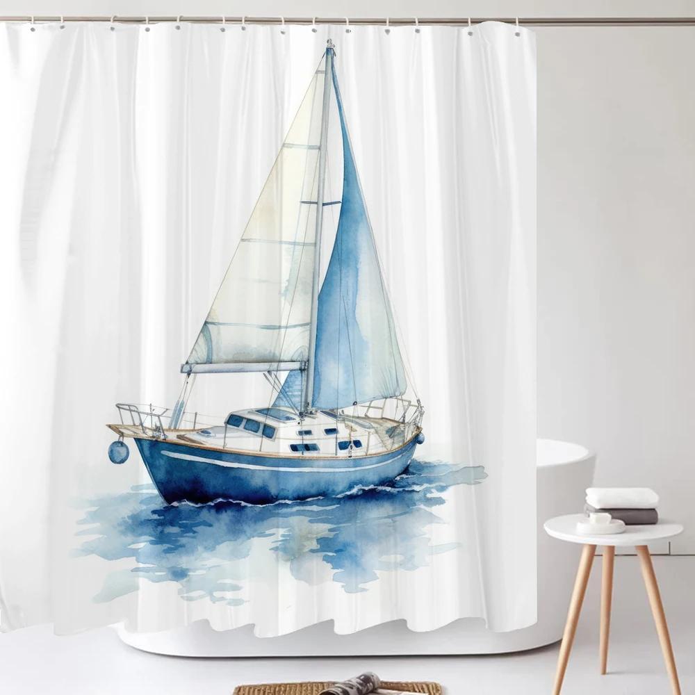 

Nordic style Ocean Sailboat Print Fabric Waterproof Shower Curtain with Hooks For Bathtub Bathroom Screens Home Decor Wall Cloth W90xH180cm