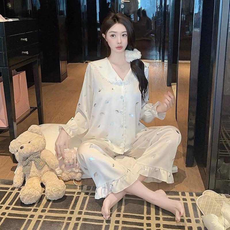 Pajamas women's light luxury ice silk spring and summer thin long-sleeved trousers cartoon suit Internet celebrity ice and snow silk loose loungewear