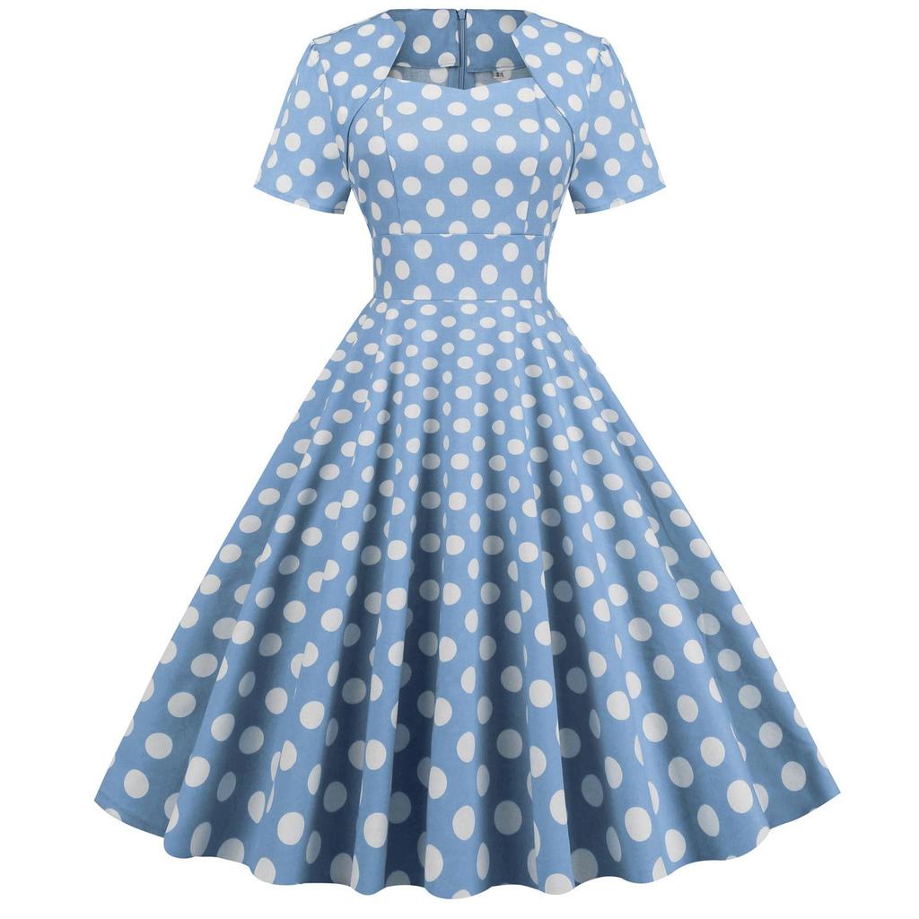 Polka Dot High-Waisted Midi Swing Dress with Short Sleeves