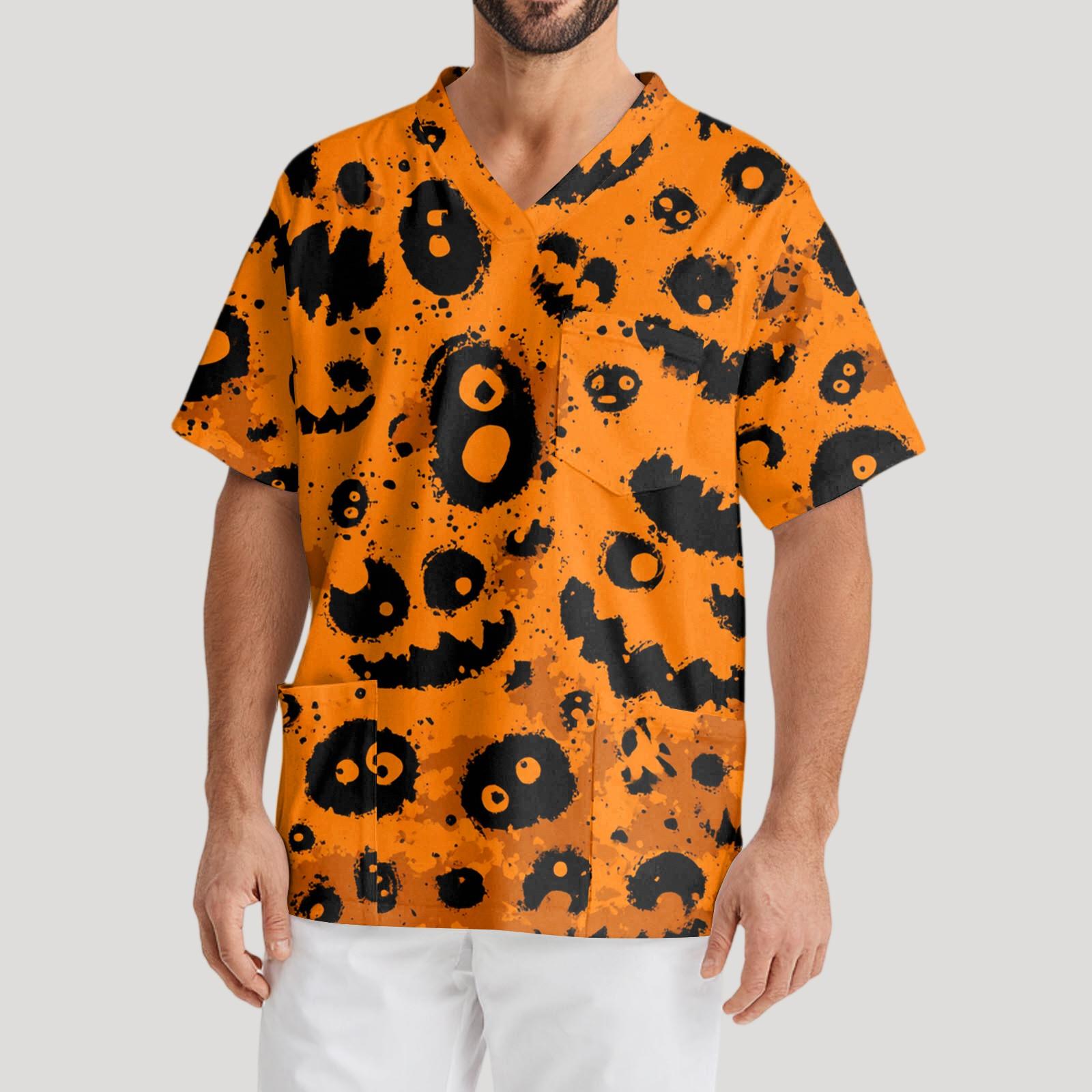 

Men s Printing Short Sleeve V-neck Working Blouse Chest Pocket Carer Top L помаранчевий