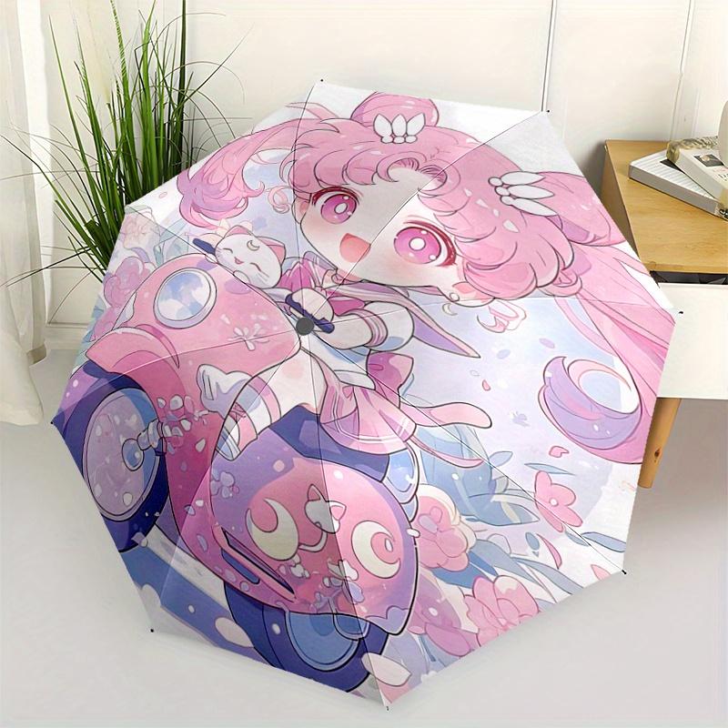 

1pc Chibi Moon Pink Scooter with Automatic Folding Umbrella - Portable 3-Fold Design, 8 Iron Frame Outdoor Umbrella, Ideal Gift for Fans, Travele